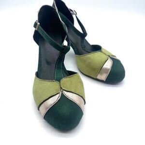 Vtg 40s Style Twee Retro Art Deco Women's Green/Gold T-strap Suede Heels Shoes 8